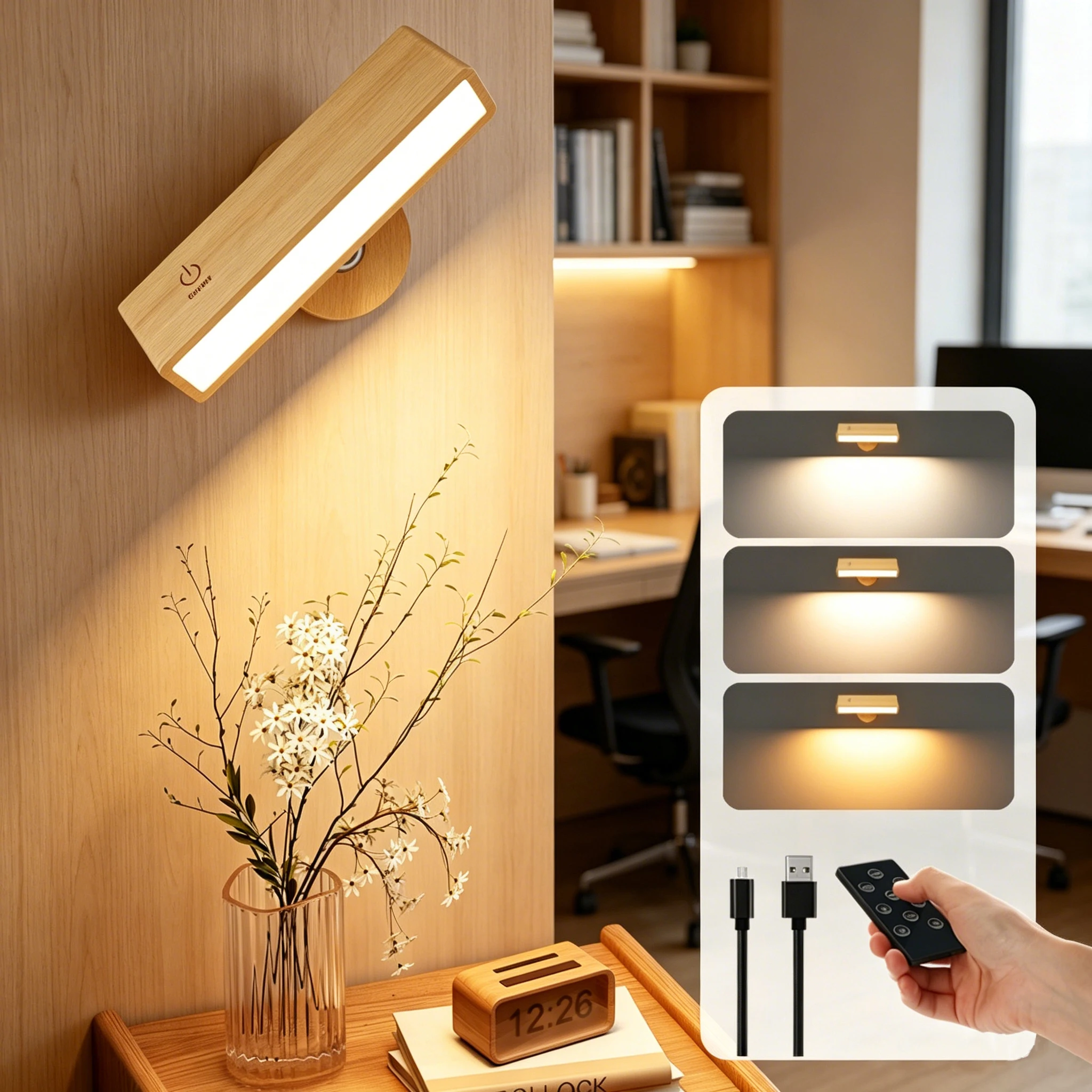 Nordische Wandleuchten, batteriebetrieben, wiederaufladbar, Wandleuchten, 360-Grad-Drehung, dimmbare Wand-Leseleuchten für Schlafzimmer, Nachttisch