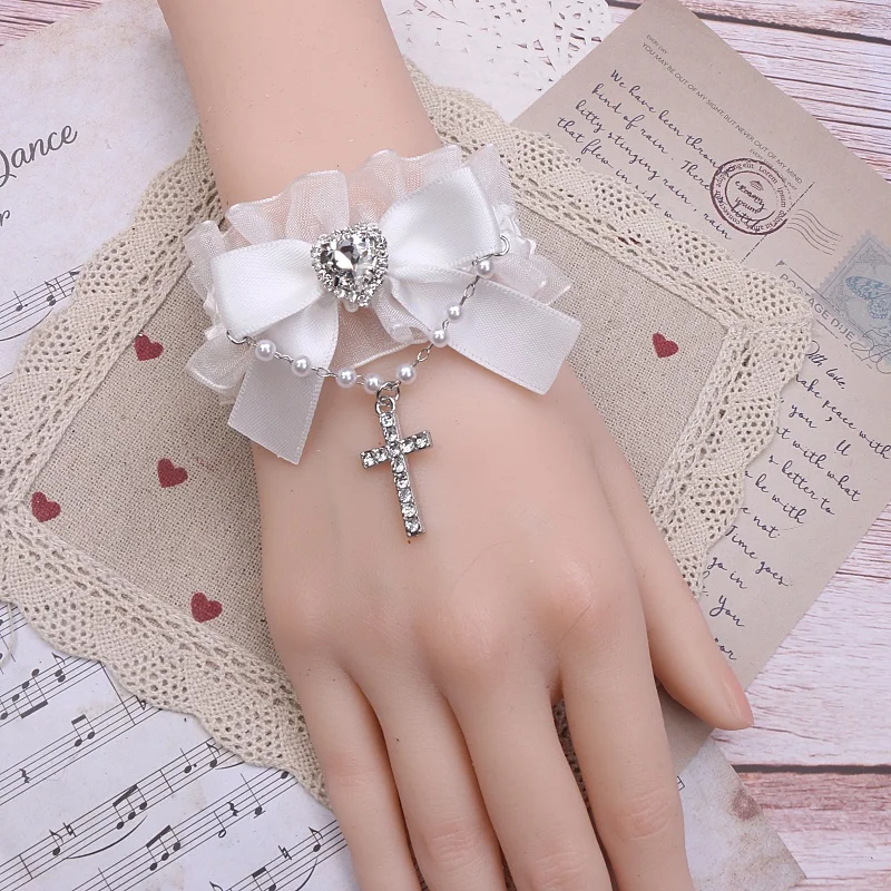 Japanese Sweet and Cute Bead Chain Bracelets Rhinestone Cross Bow Ruffle Edge Bracelet