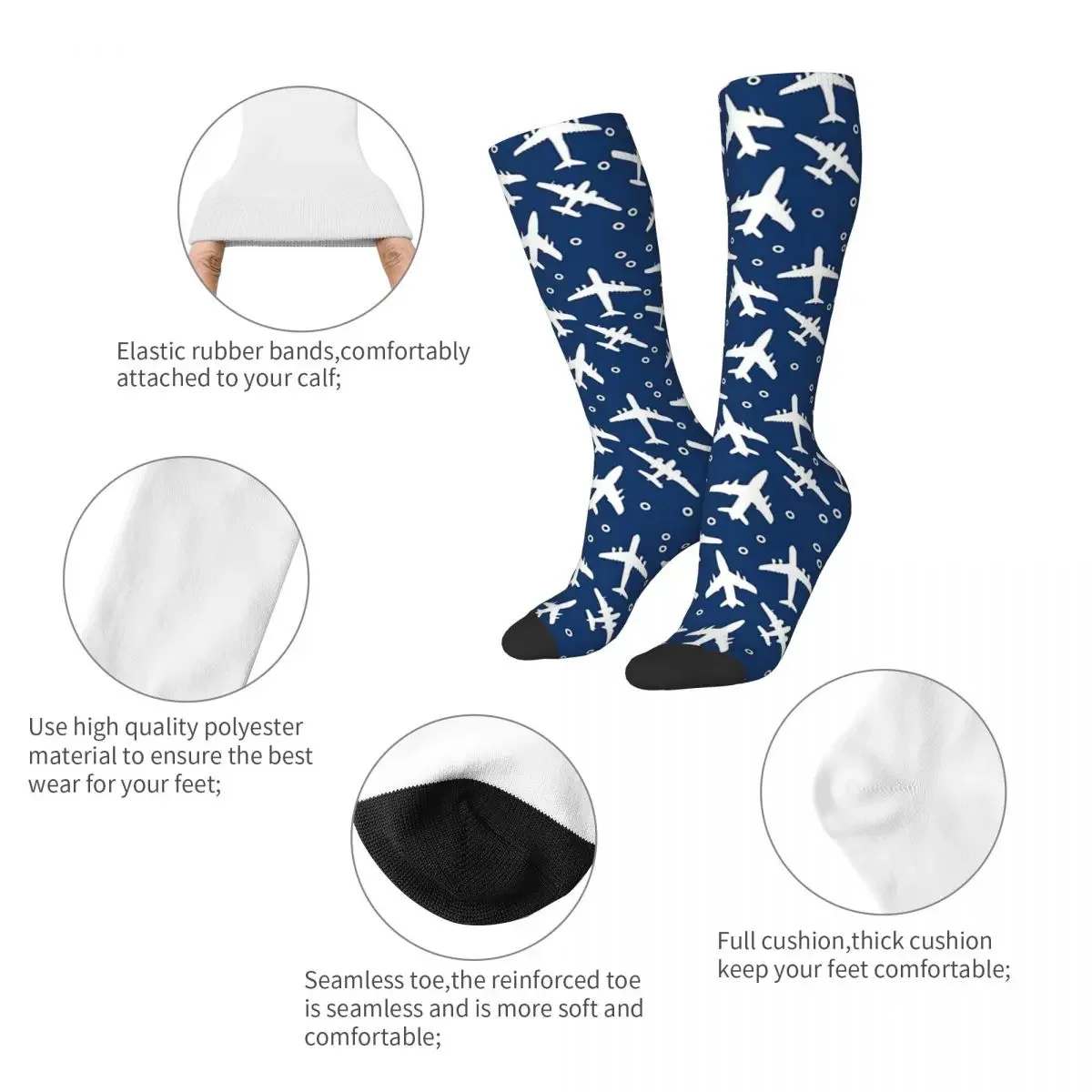 Chaussettes à motif de Silhouette d'avion bleu et blanc, bas doux Harajuku, chaussettes longues toutes saisons pour cadeau d'anniversaire unisexe