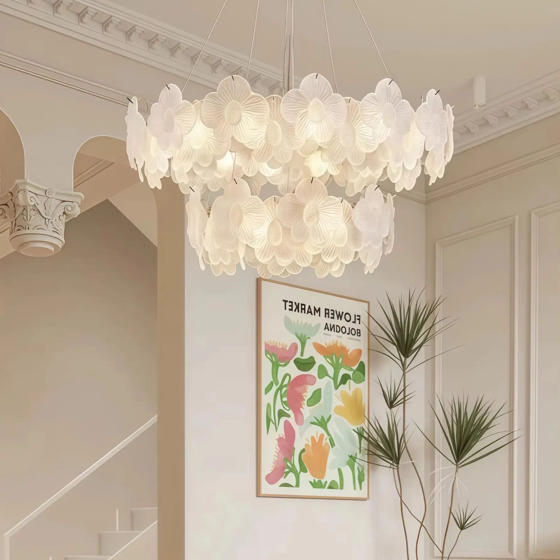 Modern French Cream Style Flower Chandelier, Luxury Artistic, Lamp for Living Room Dining Room Bedroom
