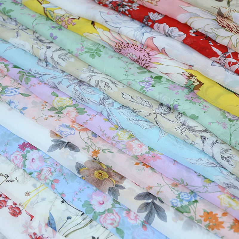 75D Printed Chiffon Fabric Micro Translucent Butterfly Flower for Sewing Summer Dresses Clothes by Meters