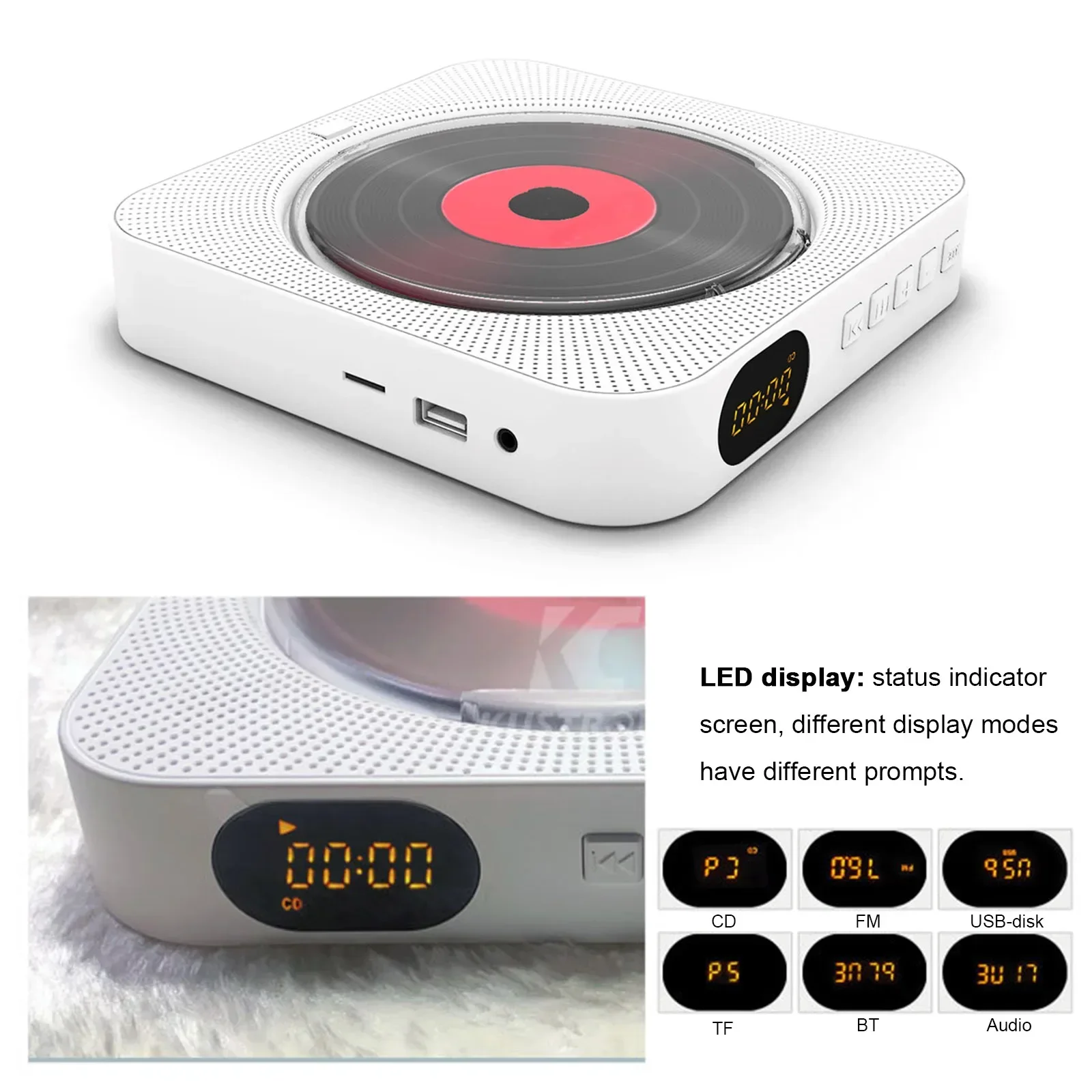 KC-909 휴대용 CD 플레이어 내장 스피커, 스테레오 더블 3.5mm 헤드폰 잭, LED 스크린, 벽걸이 CD 음악 플레이어 2024