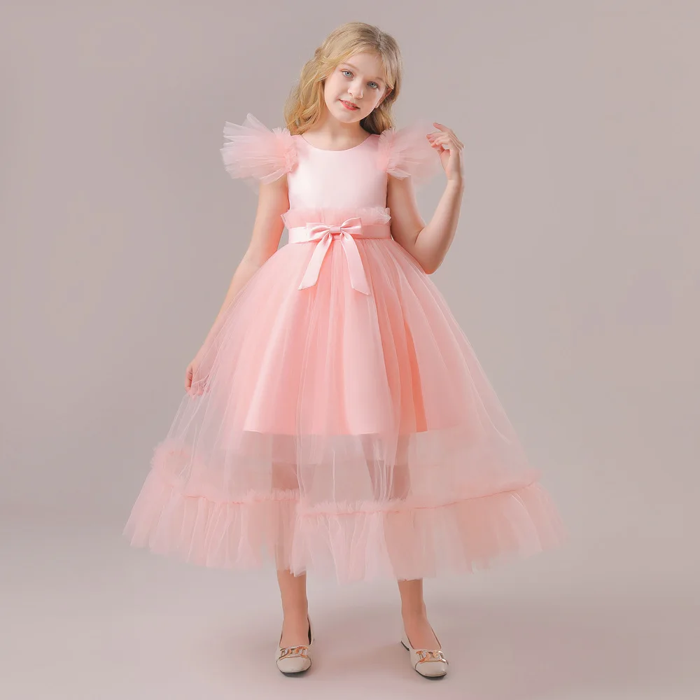 Pink Tulle Flower Girl Dress For Wedding Applique With Bow Puffy V-back Kids Birthday Princess First Communion Ball Gown