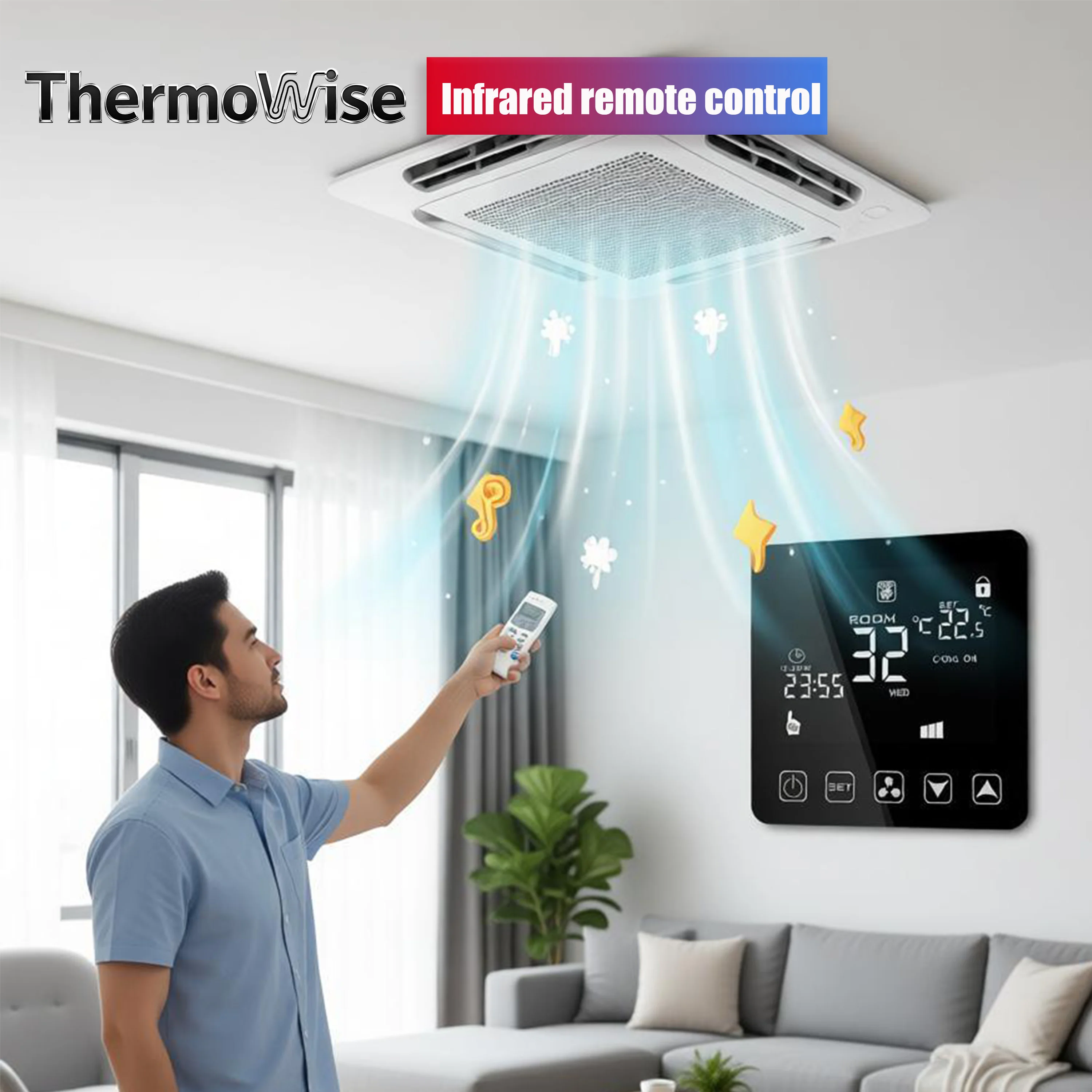 2P/4P Cooling Heating Thermostat for Wireless IR Remote Control Adjustable Fan Coil Unit Programmable