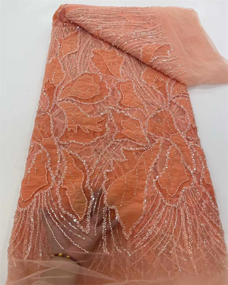 High Quality African Sequins Beaded Lace Fabric for Wedding Dress French Nigerian Style Embroidery Beadwork