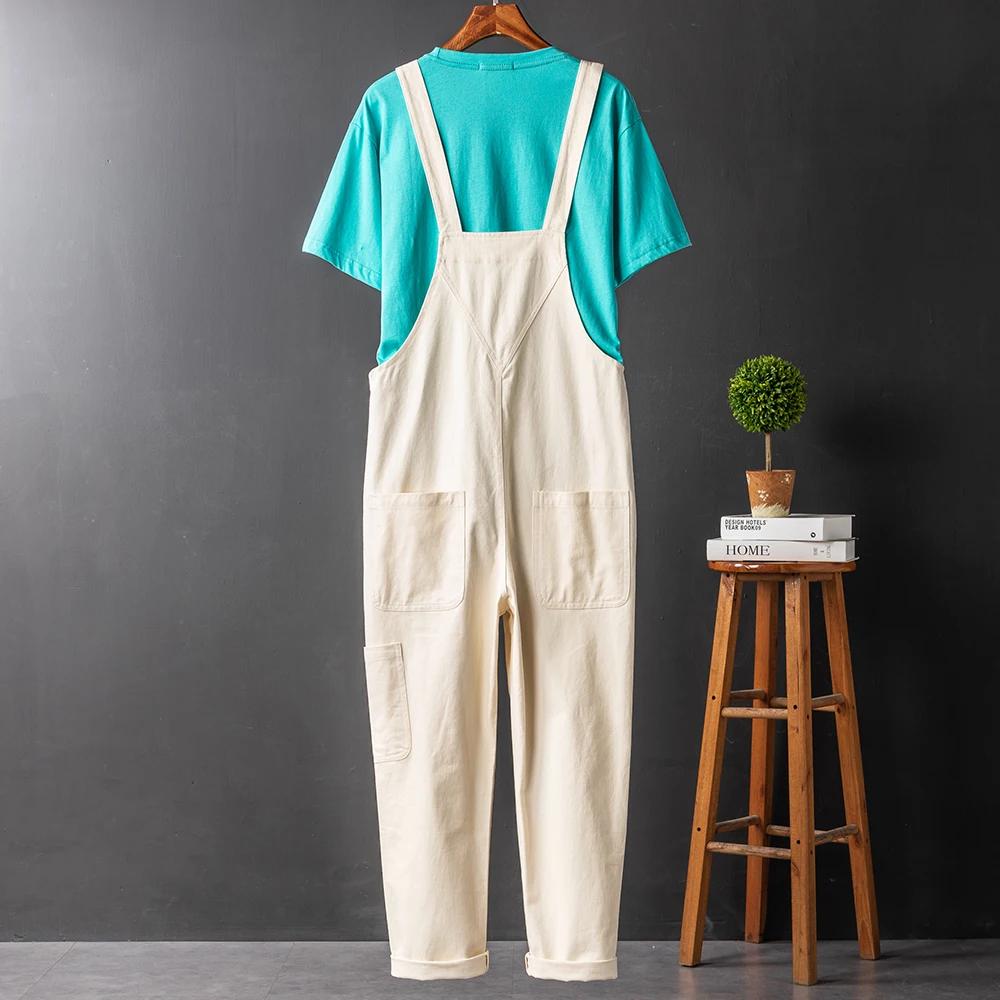 Men Beige Bib Overalls Multi Pockets Cargo Pants Work Clothing White Cotton Denim Costume Jumpsuits Youth Coveralls