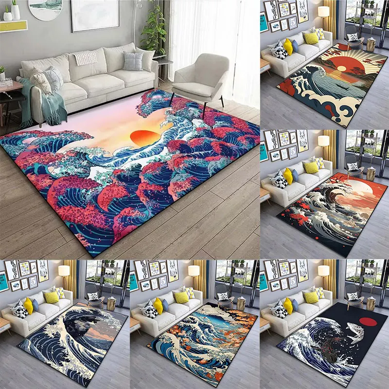 Japanische Kunst Kanagawa Waves Teppich für Wohnzimmer, Heimdekoration, großer Teppich, Schlafzimmer, Bodenteppich, rutschfest, leicht waschbar, exquisit