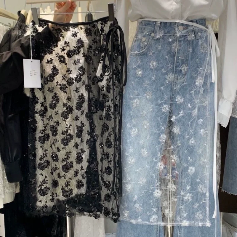 

Black Floral Sequin Sheer Wrap Skirt Women's Lace Mesh Tie Waist Layered Overlay Skirt For Jeans Korean-style Layered Skirts