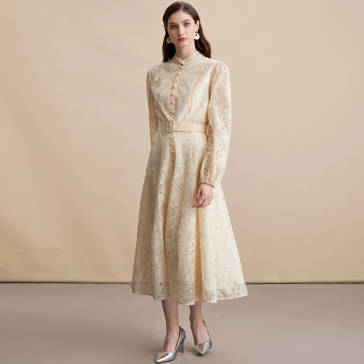 Jurken voor Vrouwen Nieuwe Lange Mouw Stand Kraag Slanke Vrouwen Jurk Elegante Kant A-LIJN Jurk Vrouwen Vestidos De Verano Mujer Q864