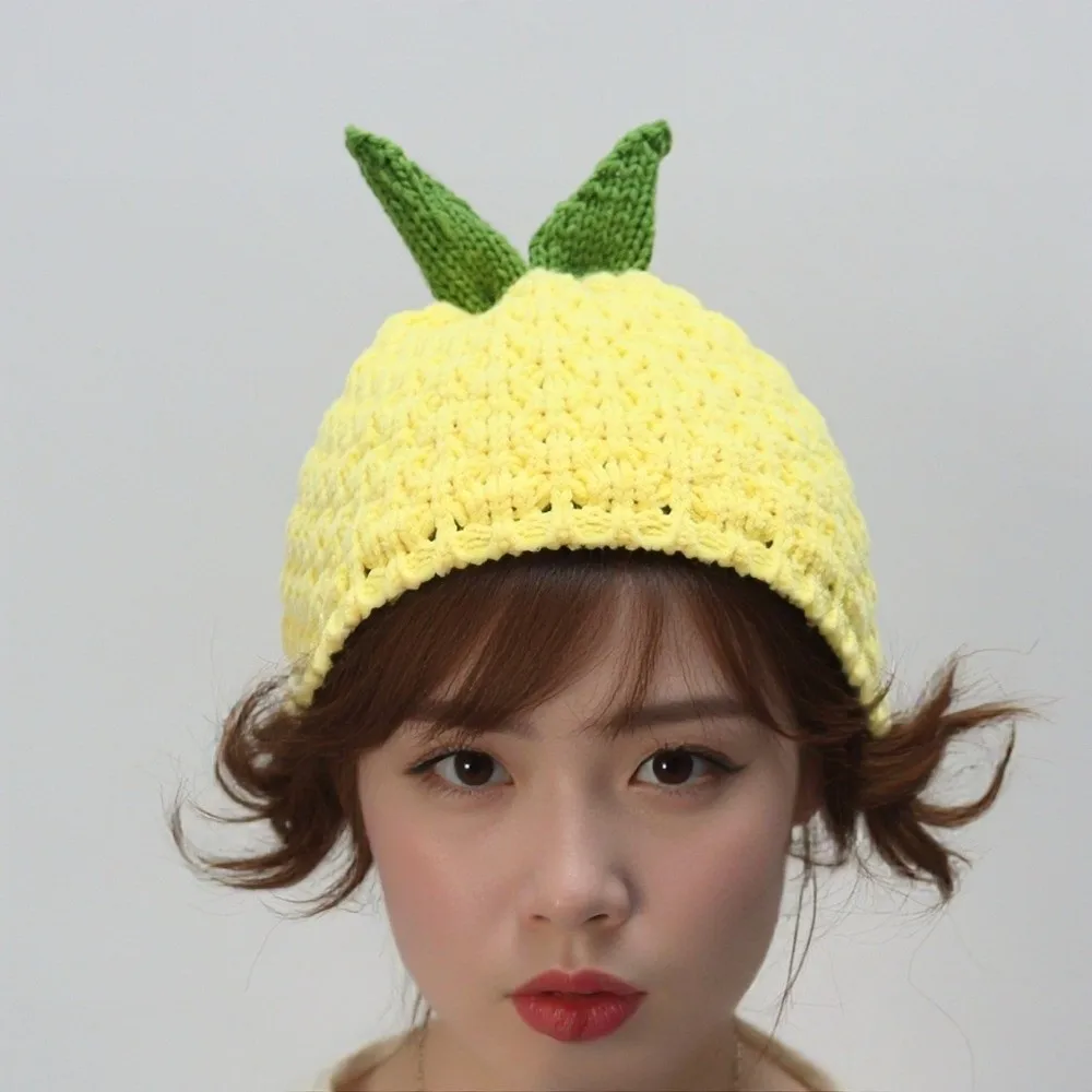 

Lemon Creative Knitted Fruit Hat Playful Thick Strawberry Pullover Cap Funny Soft Pineapple Beanie Outdoor
