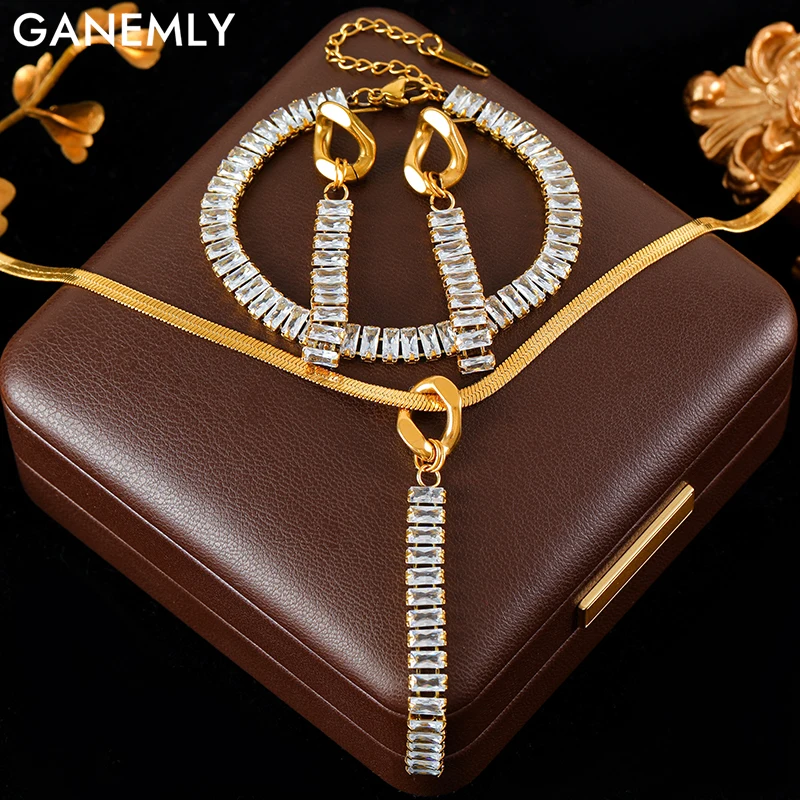 

GANEMLY 316L Stainless Steel Luxury White Zircon Necklace Earrings Bracelet Set For Women Fashion Waterproof Jewelry Set Bijoux