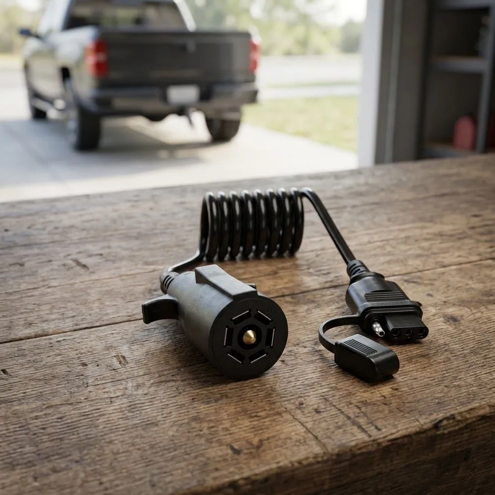 5 Foot 7 Way to 5 Way Flat Trailer Adapter with PU Jacketed Retractable Cable and Anti-Slip 5 Pin Female Socket