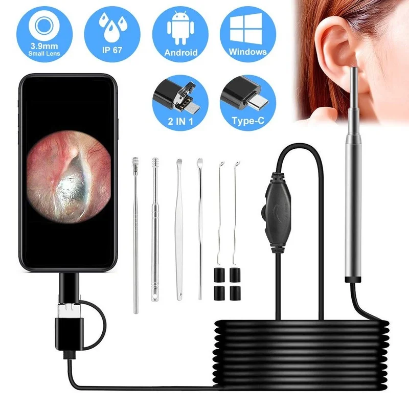 3.9mm Otoscope Digital Medico 3 in 1 Usb Ent Cleaning Endoscope 720P Mini Ear Scope Camera for Type c Android Phone PC Windows