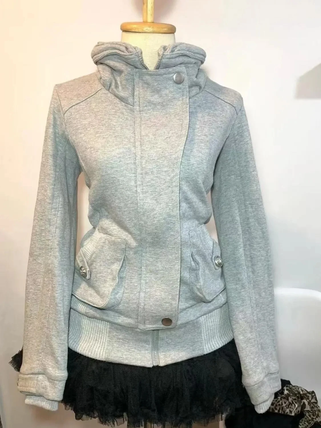 Retro grijs sweatshirt voor dames Vintage high-end mode hoodie sweatshirt lente herfst dames capuchon 2025, nieuwe damesjas