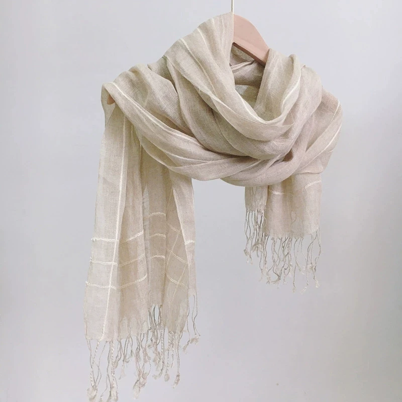 

Elegant Summer Pure Linen Scarf Striped Beach Sunscreen Linen Scarf Autumn And Winter Warm Big Tassel Scarves