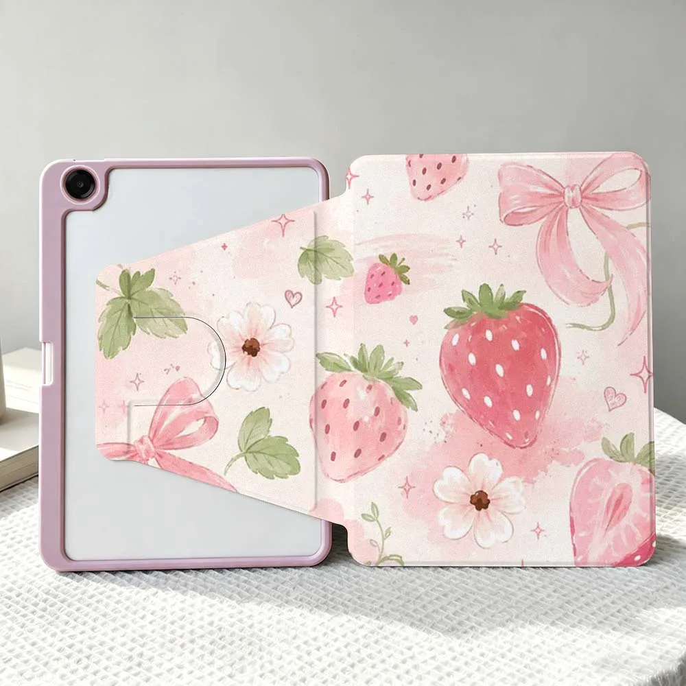Cartoon Strawberry Bow Flower For Samsung Galaxy Tab S11 S10 S9 S8 A11 FE Plus Ultra 360° Rotation Stylus Storage Tablet Case
