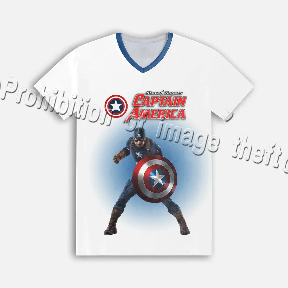 

Captain America Classic Style V-neck T-shirt Marvel Shield Printed Short Sleeve Men's and Women's Fashion Street Top