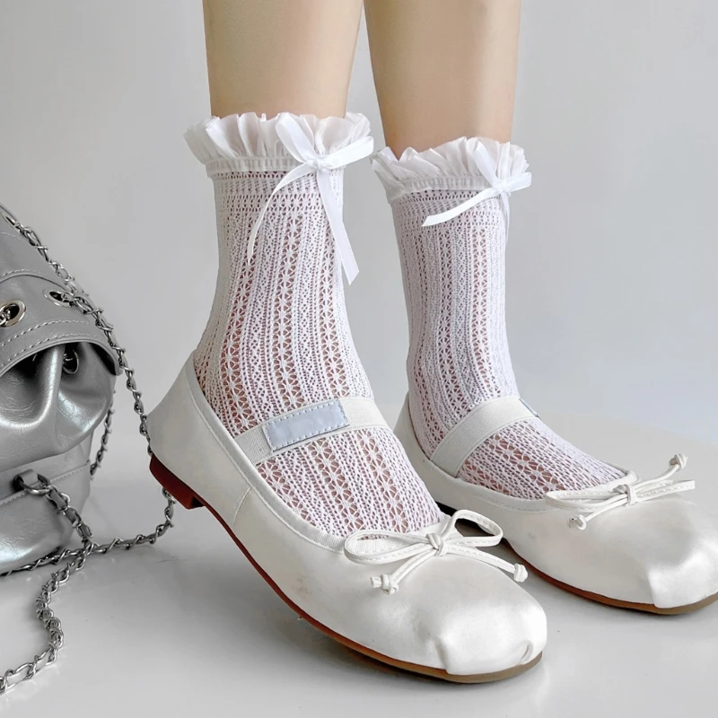 

Women Lolitas Socks Summer Bowknot Calf Socks Ruffled Ankle Dress Socks Ballet Style Socks Sweet Loose Socks