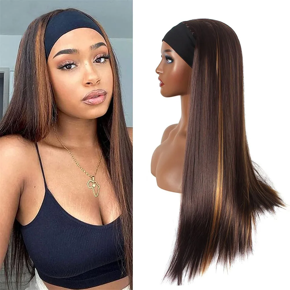 Synthetic Lace Front Wig Brown Blonde Highlight, Pre-Plucked Hairline with Baby Hairs, Glueless Straight Fiber Wig, Heat-Resistant & Beginner-Friendly, Natural Looking Daily Wear Wig for Party, Stage & Cosplay