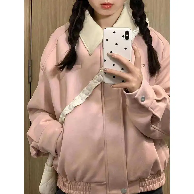 Women Clothing Autumn Winter Fashion Korean Zipper Solid Color Baseball Jersey Female All-match Pocket Loose Appear Thin Cardiga