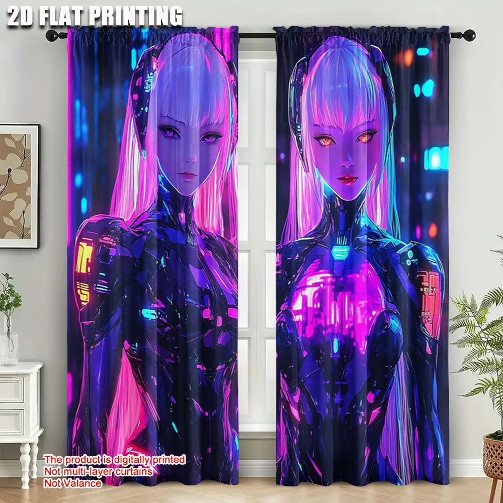 2pcs, Curtain Set 2D plane printing Vibrant Cyberpunk Anime Girl Durable 100% Polyester Fabric (without rod) Holiday Ldeal for