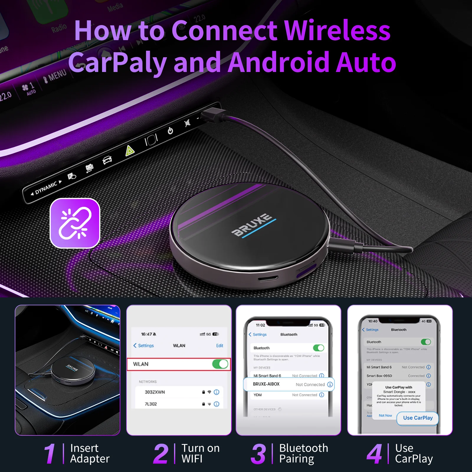 BRUXE R6-H 카플레이 AI 박스 안드로이드 14 무선 어댑터 3in1 시스템 차량용 스마트 비디오 박스 4G 유튜브 넷플릭스 전화 통화 GPS 지원