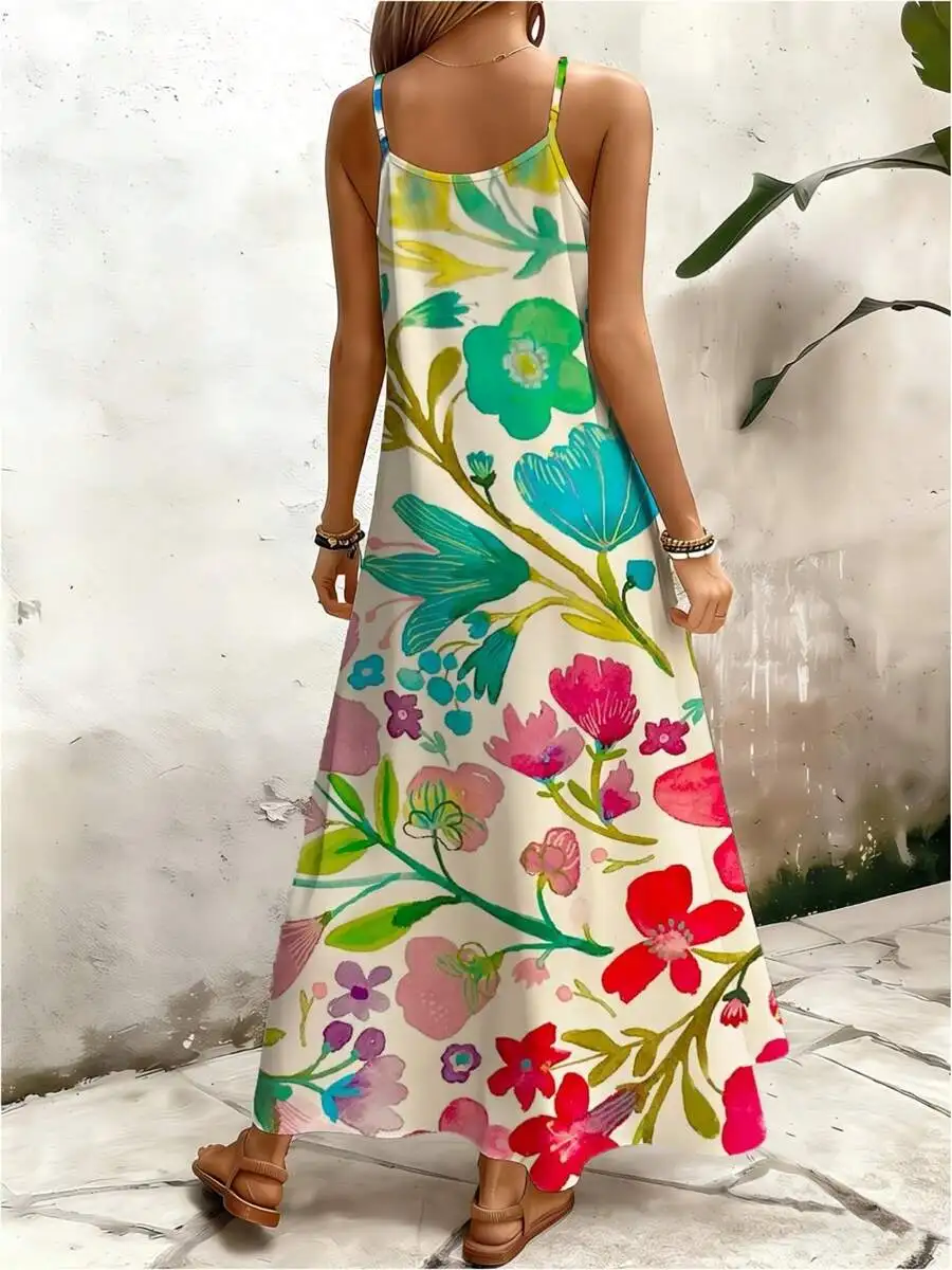 

Floral Print Long Sleeveless Dress V-Neck Slim Shoulder Strap Flowing Summer Womens Casual Dress