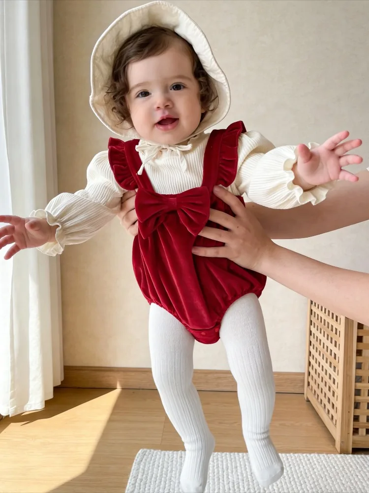 Bow Baby Vacation 2-piece jumpsuit Spring/Autumn Baby Girl Red Clothes Princess Bag Butt Clothes Full Sleeve Rompers Fashion