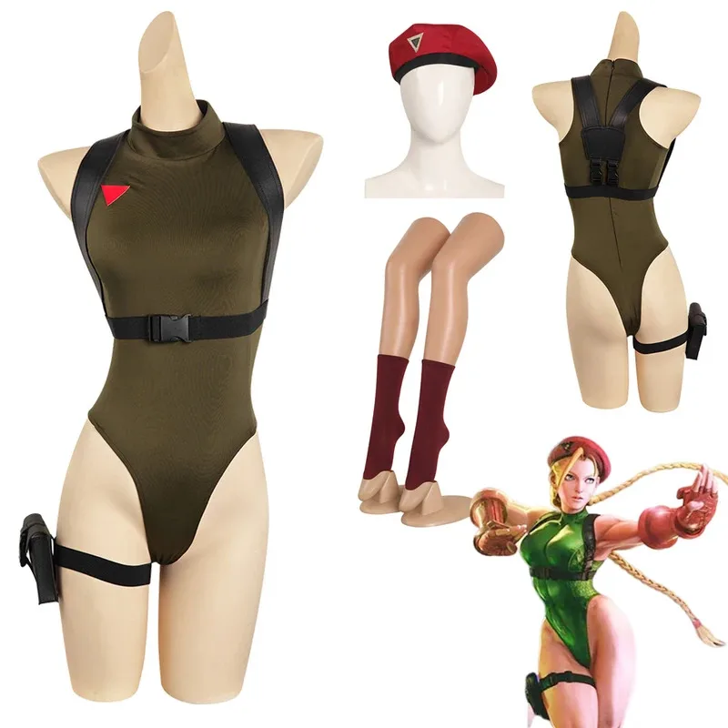 

Halloween Cammy Cosplay Red Beret Green Jumpsuit Anime Game SF Disguise Fantasia Costume for Adult Women Roleplay Hat Outfits