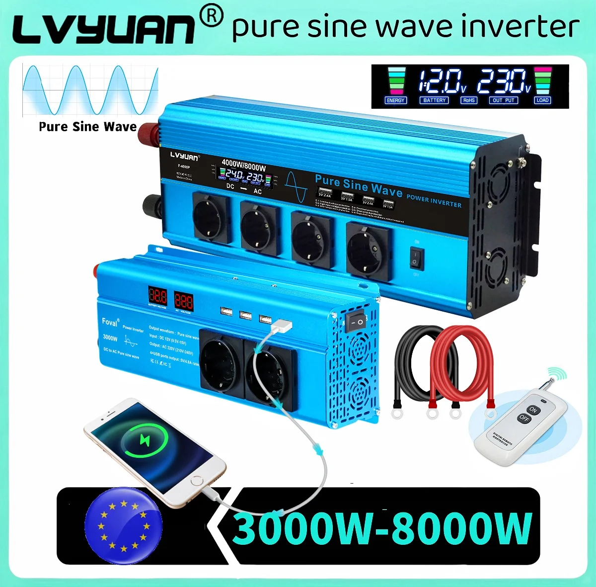 Onduleur à onde sinusoïdale Pure 3000W-8000W, puissance de pointe DC12V DC24V AC220V, écran LCD, prise ue 50Hz, alimentation extérieure