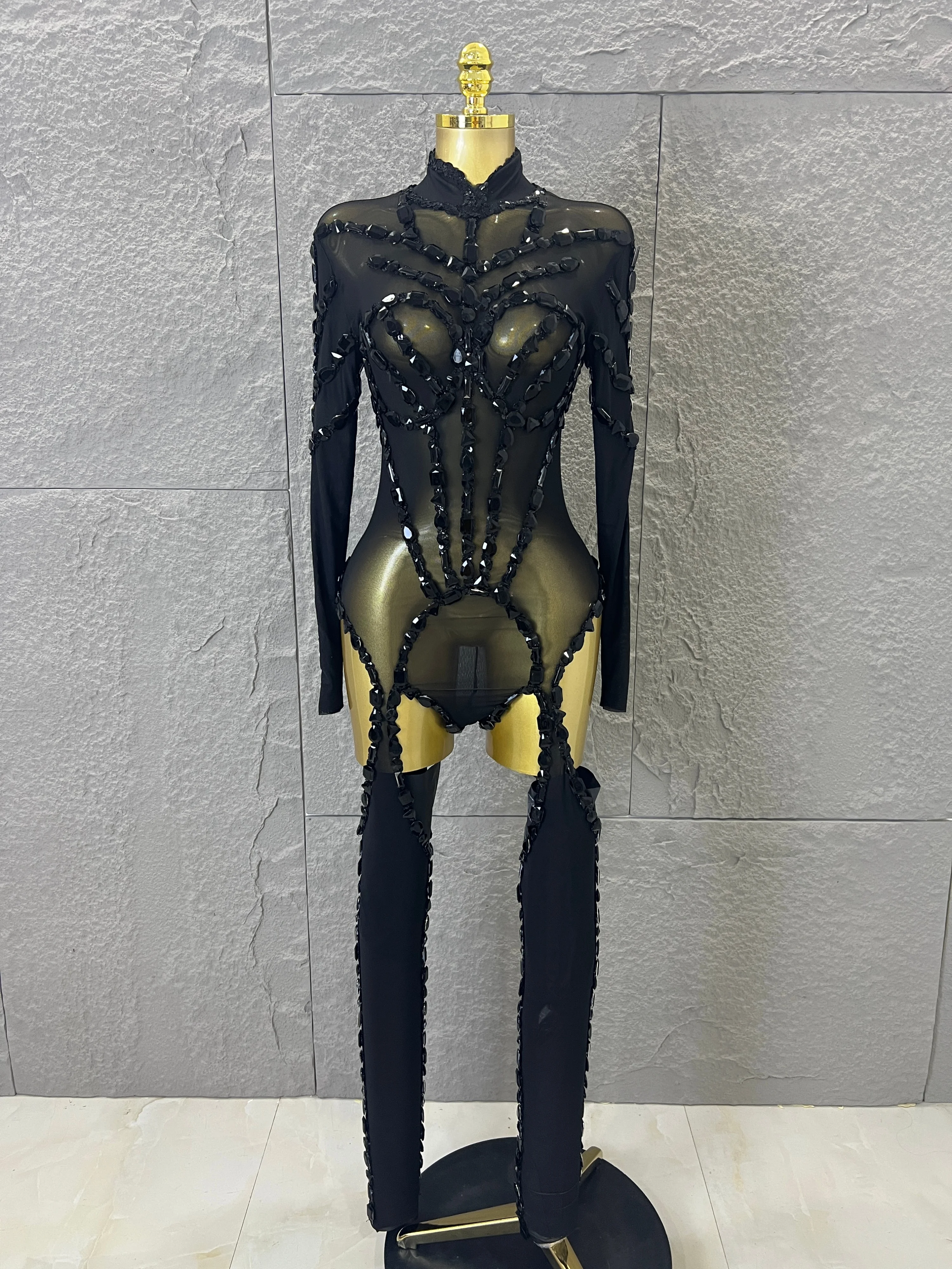 Women Sexy Rhinestone Mesh Long Sleeve Hollow Out See-Through Bodysuit Performance Costume Singer DancerOutfit For Party Show