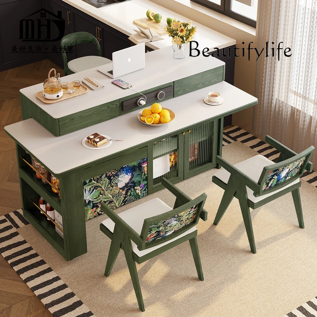 N44 French retro island can be rotated, antique American green retro dining table and chairs combination, all solid wood