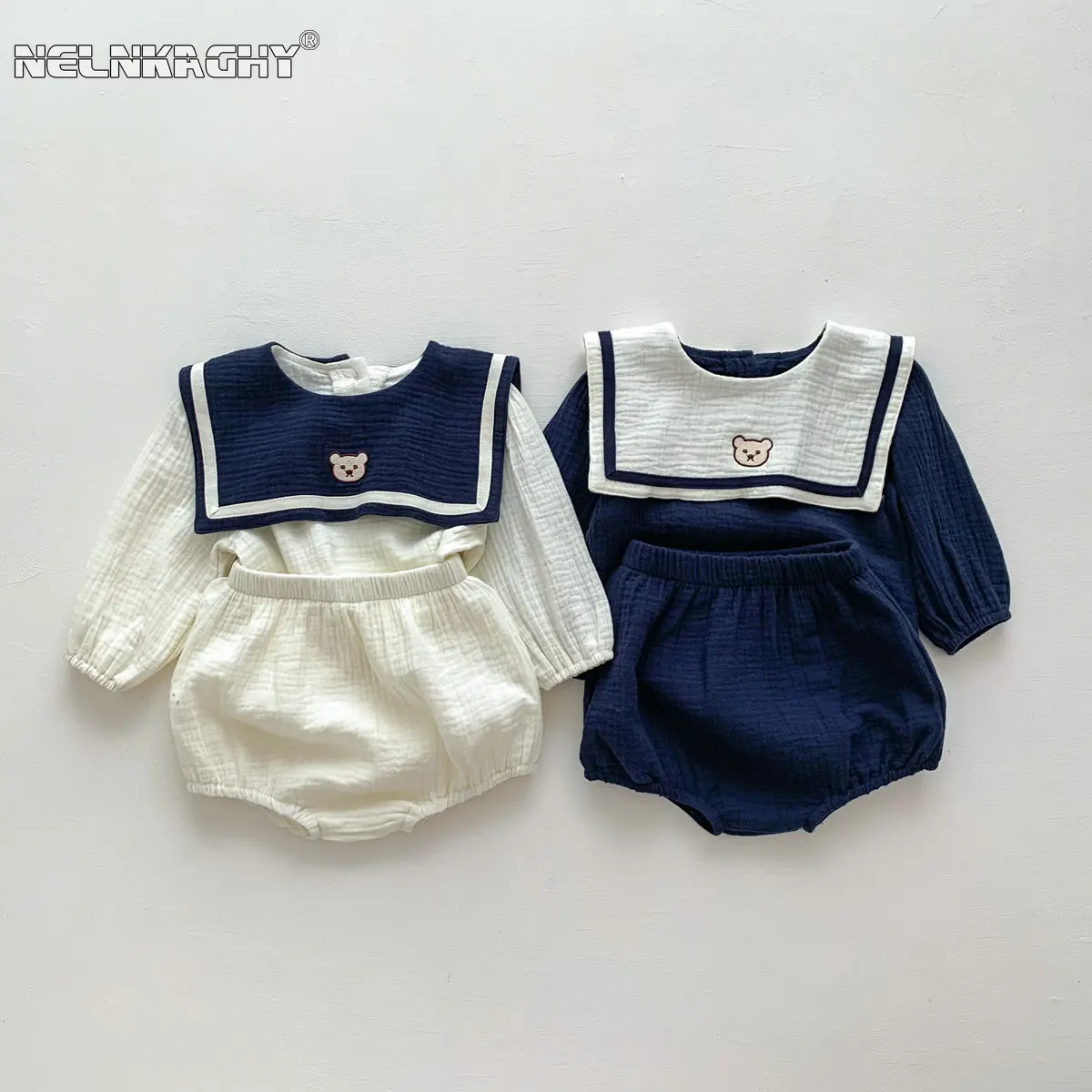 Nuovo In autunno bambini neonate manica intera capo navale orso Top t-shirt + pantaloncini solidi bambino neonato abbigliamento In cotone Set 2 pezzi