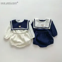 Nieuw In Herfst Kinderen Baby Meisjes Volledige Mouw Marine Leider Beer Top T-Shirts + Effen Short Peuter Baby Katoenen Kleding Set 2 Stuks