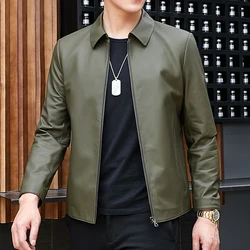 Leather Clothing For Men Autumn Winter Male Sheepskin Short Jacket  Army Green Zippe Stand Collar Jaqueta de Couro Masculino