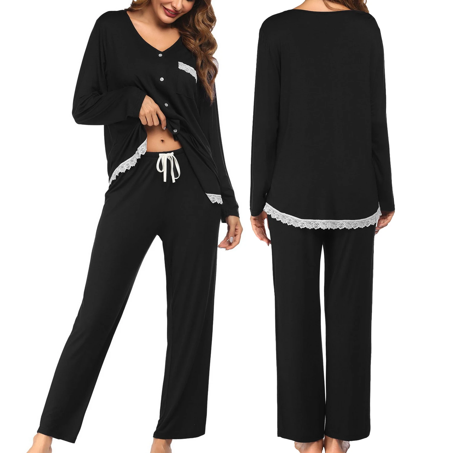 

Soft Model Lace Trim Pajamas Set 2piece Women Loose Homewear Long Sleeve Trousers Home Suit Casual Loungewear Nightwear Outfit