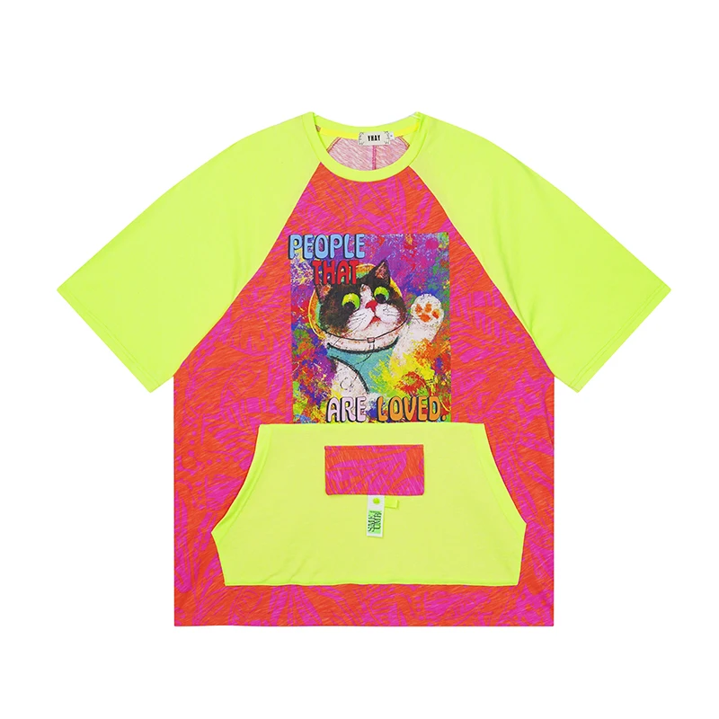 Spring Summer 2024 Fluorescent Green Contrast Color Colorful Letter Cat Fashion Brand Casual Loose Short Sleeves T-shirt Women