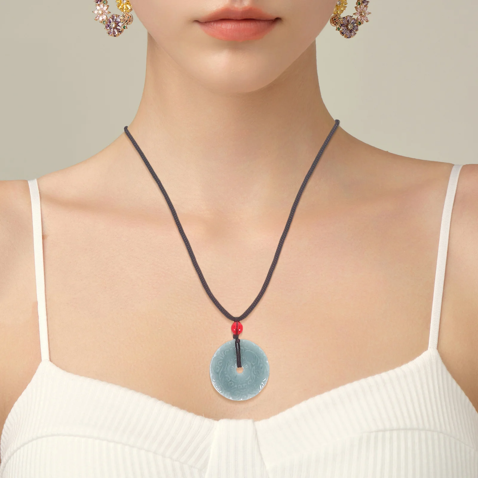

Natural Jade Necklace For Women, Handcrafted Floral Carved Round Donut Pendant With Rope, Vintage Chinese Traditional Feng