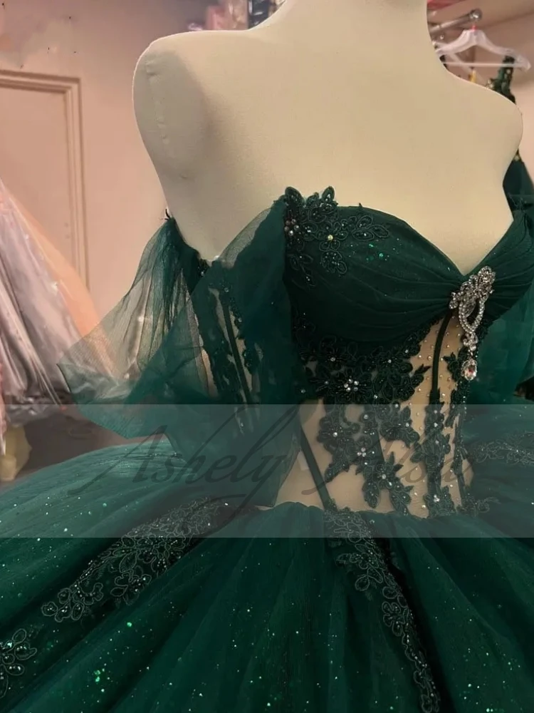 Customized Emerald Green Women Prom Occasion Dress Dance Off Shoulder Illusion Lace Applique Sweet 15 16 Quinceanera Party New