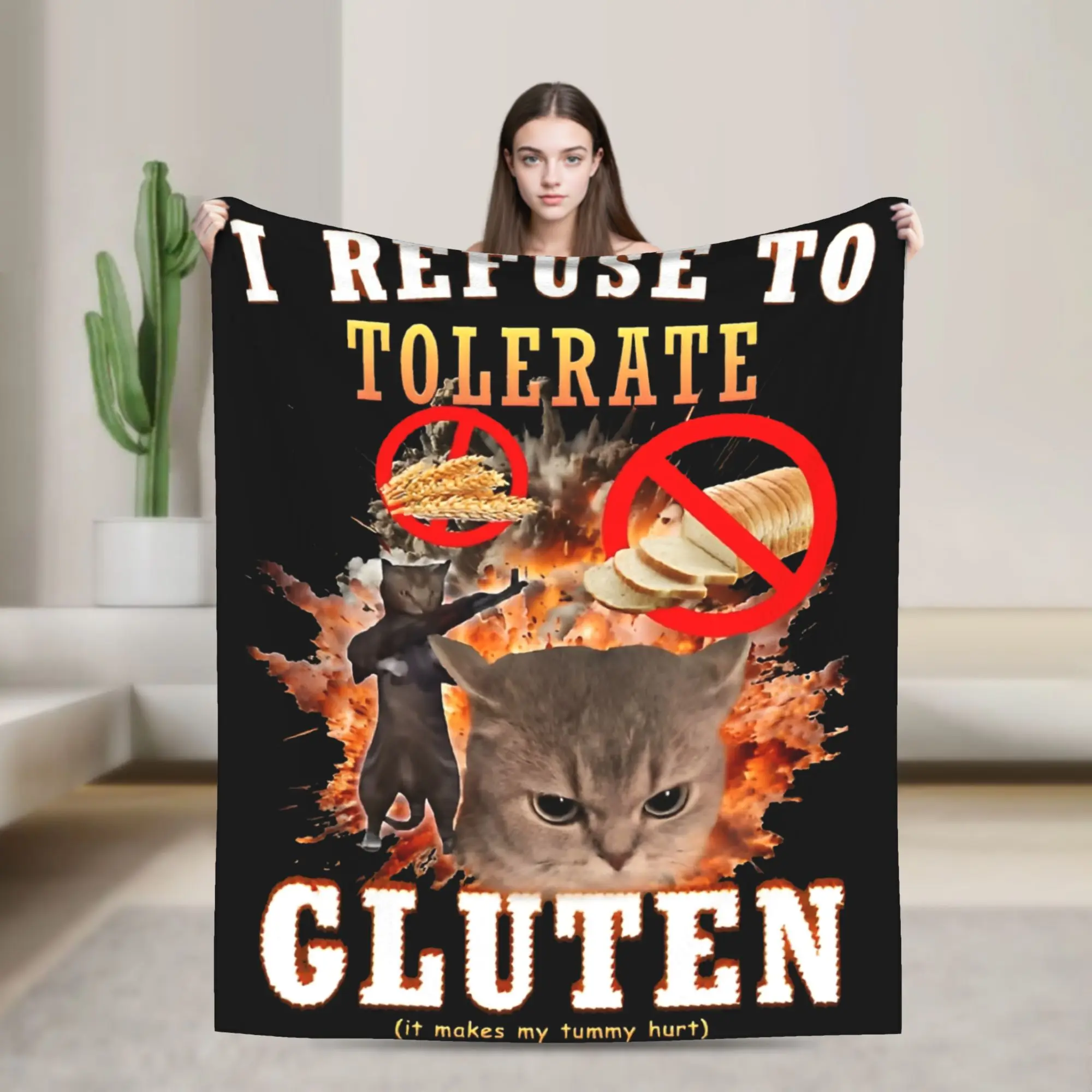 

I Refuse to Tolerate Gluten Funny Cat Meme Blankets For Outdoor Super Warm Design Quality Bedspread