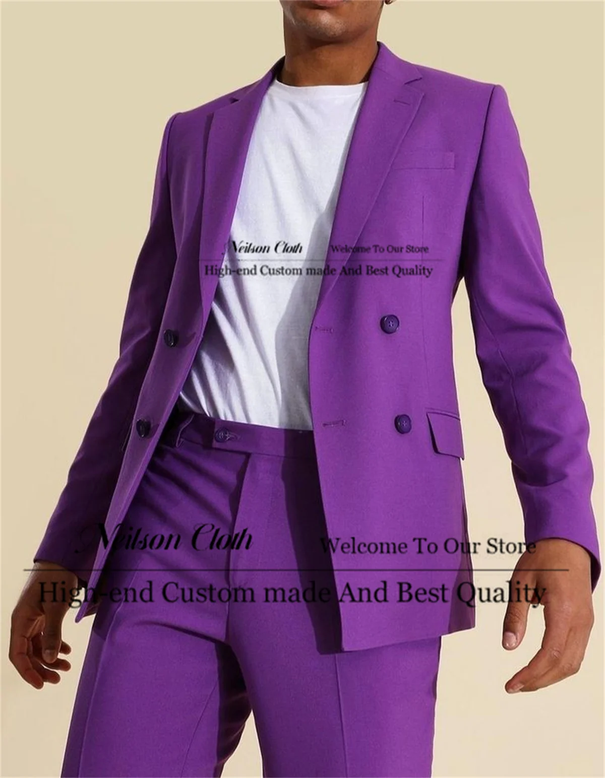 

Business Purple Male Prom Blazers 2 Pcs Sets Double Breasted Groom Wedding Tuxedos Notched Lapel Customized Costume Homme