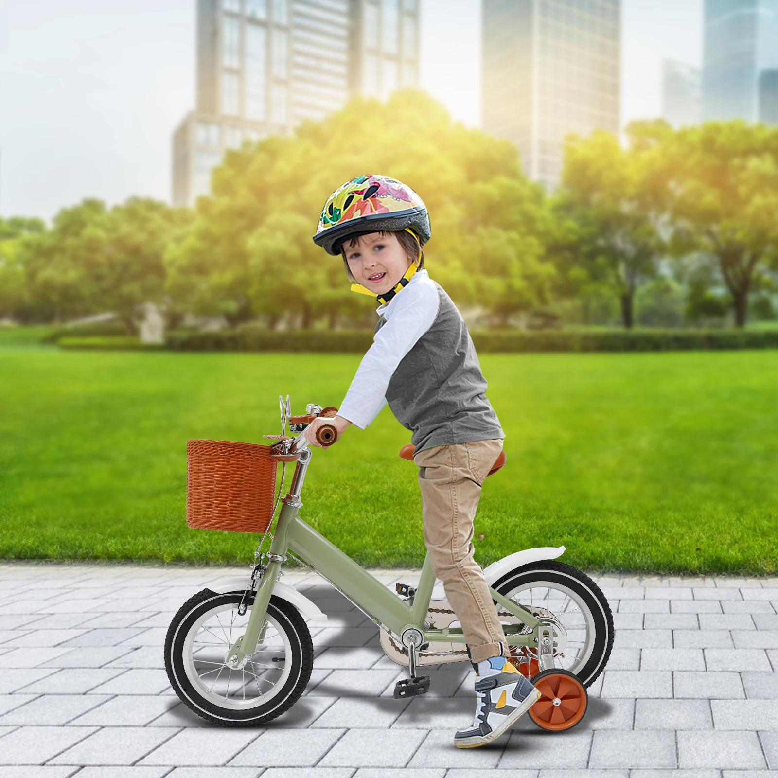 Grünes Kinderfahrrad, 12-Zoll-Fahrrad mit Fahrassistent, hervorragender Griff, Balance- und