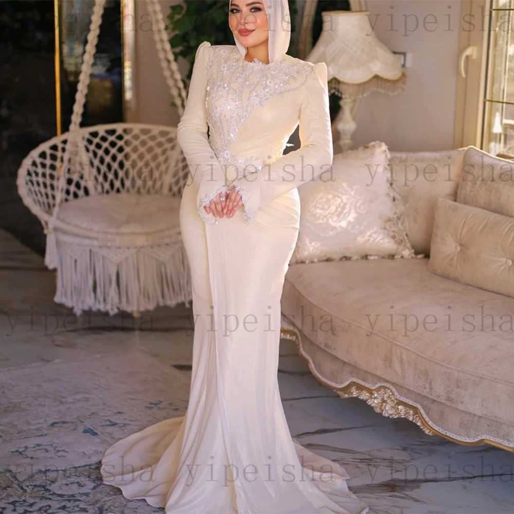 Customized O-Neck Evening Dresses Sequined Beading Lace Appliques mermaid Full Sleeve Prom Gown Sweep Train Modern Muslim Dress