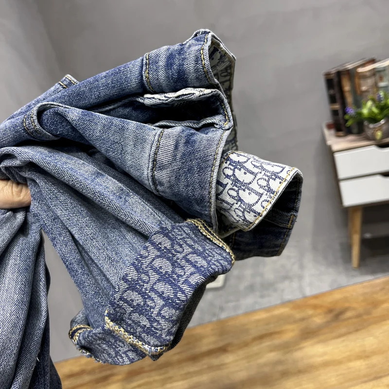 New Korean Fashion Men's Casual Long Jeans Classic Man Straight Denim Wide-leg Pants Solid Color Light Blue Black Ninth pants