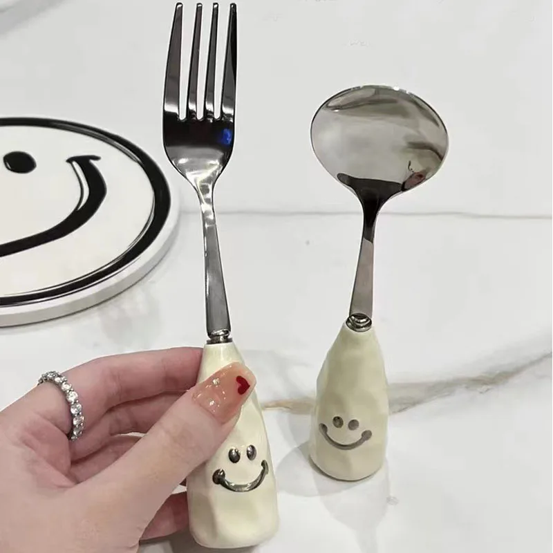 1pc Kawaii Smile Face Cutlery Stainless Steel Fork Spoon Knife Ceramic Handle Dinnerware Tableware Silverware Kitchen Gadgets