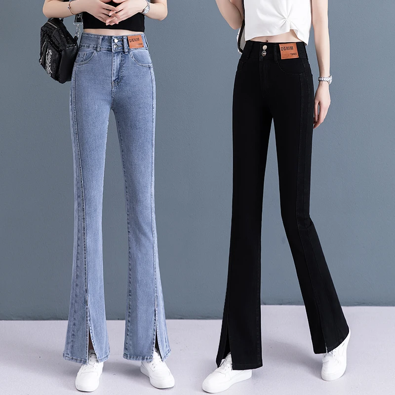 

Spring Autumn High Waist Flared Jeans Casual Elastic Slit Straight Leg Jeans Cotton Stretch Denim Light Color Versatile Slimming