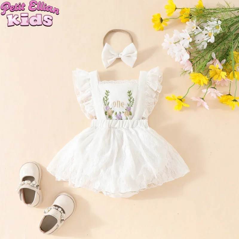

0 - 2 Y Baby Girl Lace Embroidered Romper with Bow Headband - Perfect for First Birthday & Daily Wear for Children's Clothes
