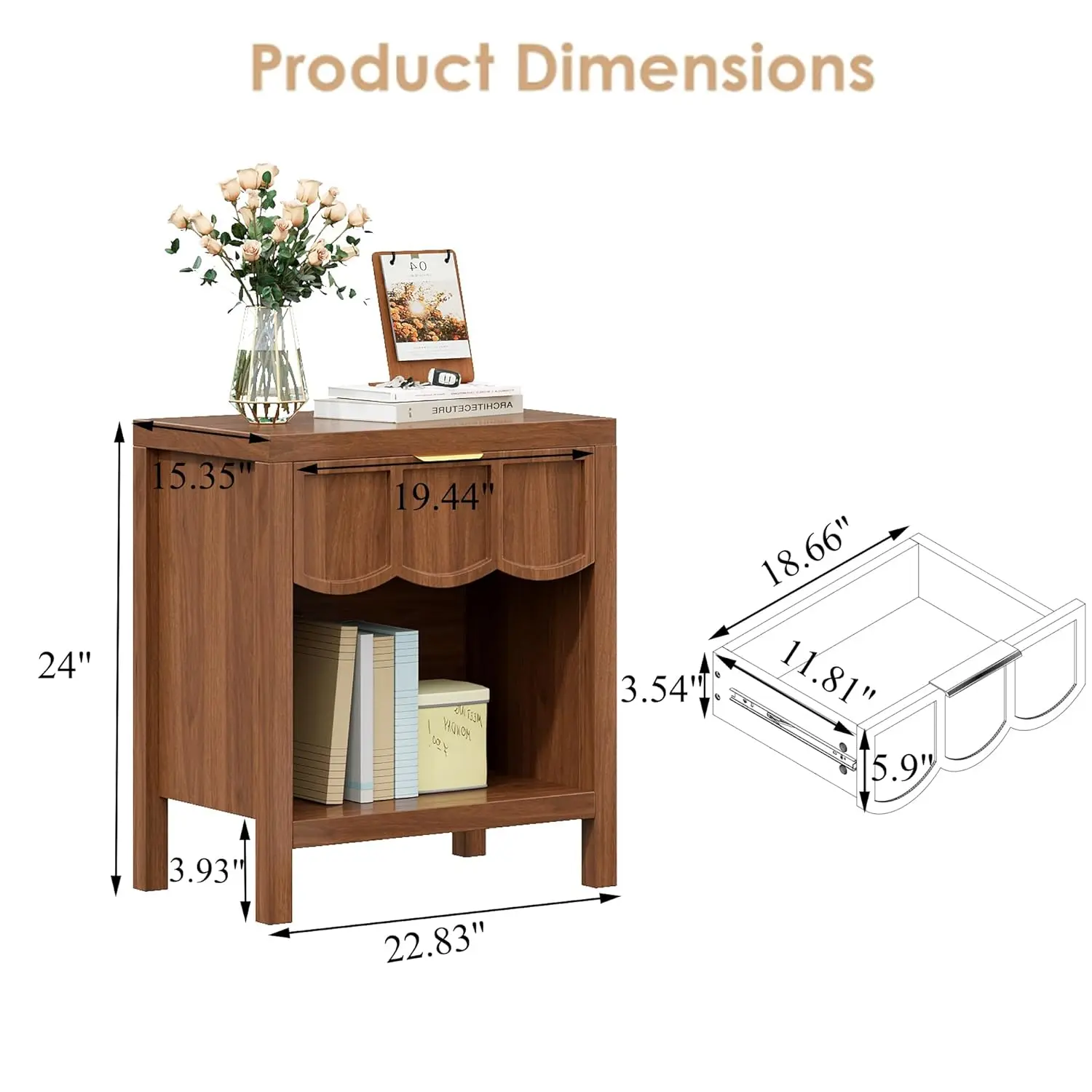 24" Nightstand Set Of 2, Solid Wood End Table With Wave Panel Drawer, Mid Century Modern Chest Of Drawers, Wooden, Customized - view 2