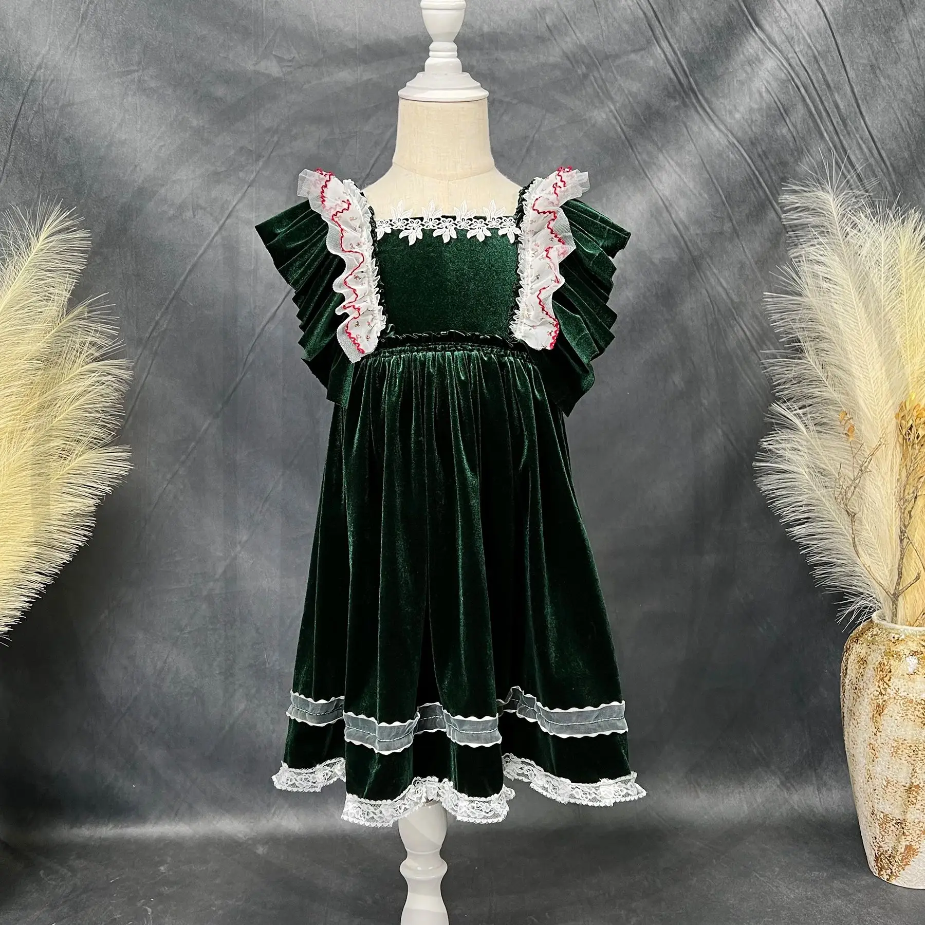 Don & Judy-Vestido de Princesa Boho com Plissado, Veludo Vermelho e Verde, Vestido de Menina, Photo Shoot Props, Children Birthday Party Costume,