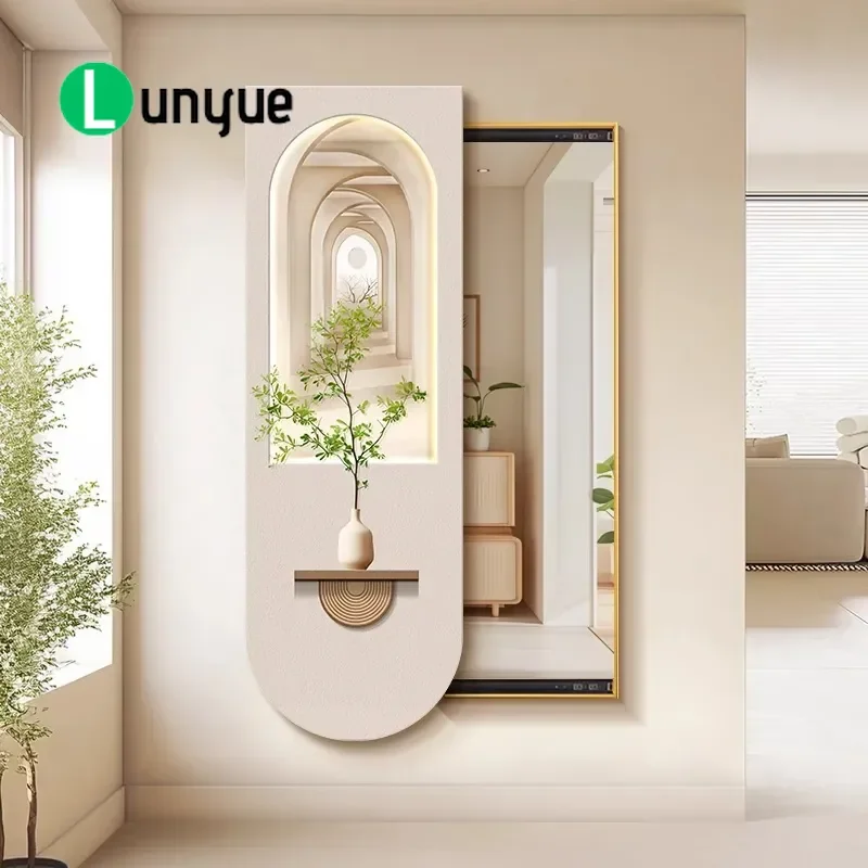 Hidden Full Length Mirror Sliding Door Mural Green Plant Decorative Painting for Bedroom Entryway Entrance Wall Art Advanced